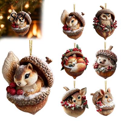 Elegant Holiday Decor Forest Animal Acorn Hanging Ornament, 2D Acrylic Flat Printed Tree Christmas Decorations for Christmas, Woodland Creature