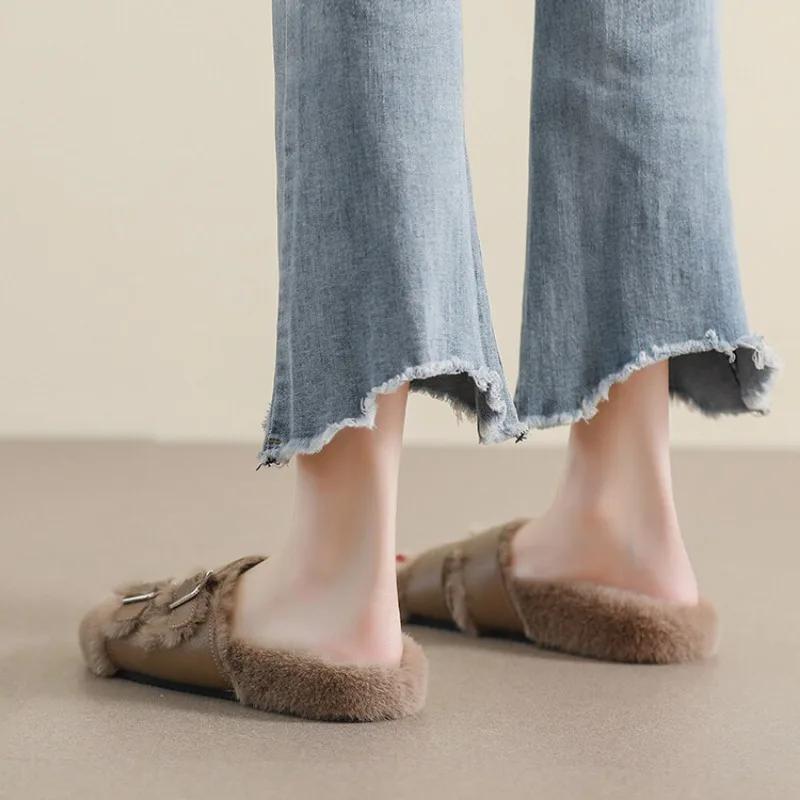 Fashion Autumn Winter Fashionable Thick Bottom Plush Warm Slippers Beige Khaki Fashionable Buckle Home or Outdoor Women's Slippers 35-43