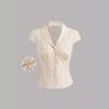 Women's Yellow Pink Striped Blouse Notch Collar Short Sleeve Fitted Waist Button Down French Chic Work Shirt