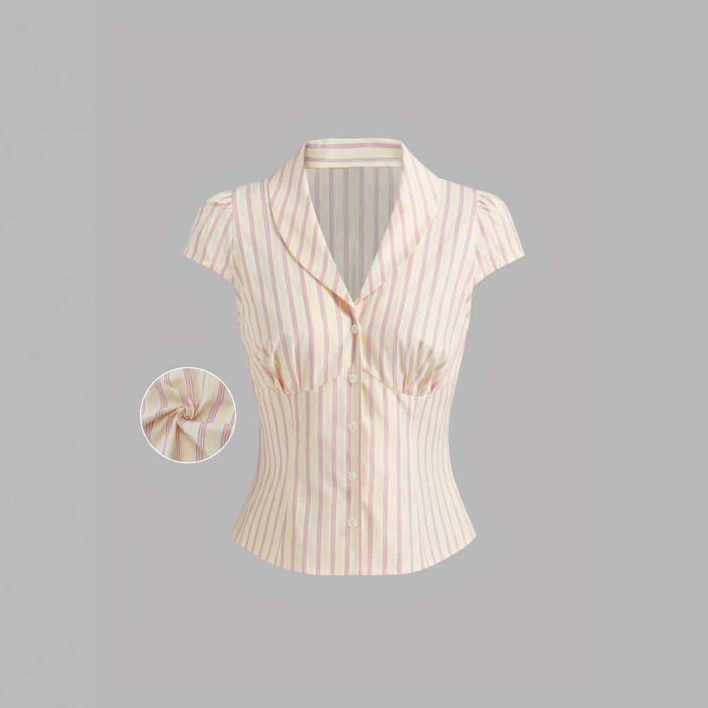 Women's Yellow Pink Striped Blouse Notch Collar Short Sleeve Fitted Waist Button Down French Chic Work Shirt