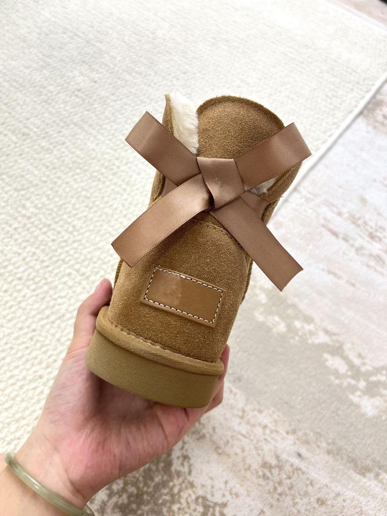Large size single ribbon snow boots women's winter leather velvet thickened warm snow cotton