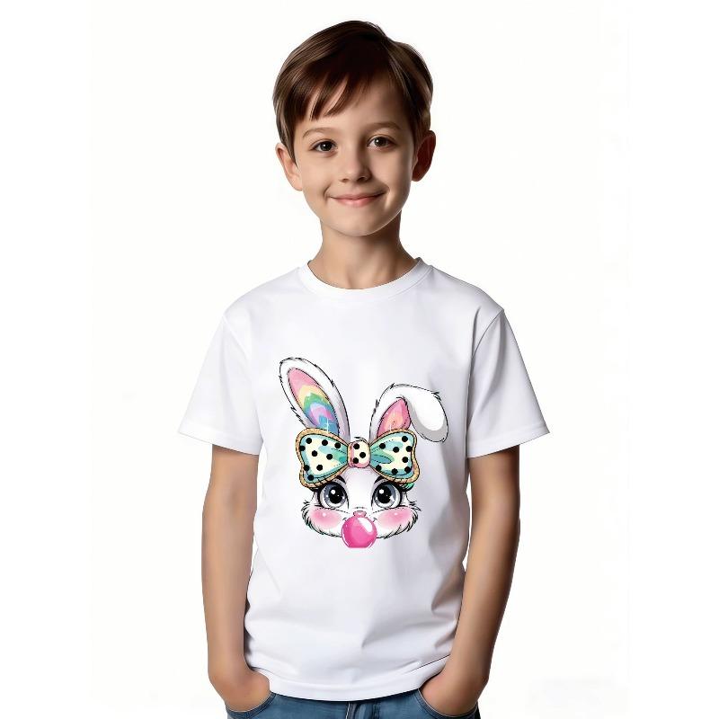 European Size Childrens Round-neck Short-sleeved T-shirt with Rabbit Pattern Print