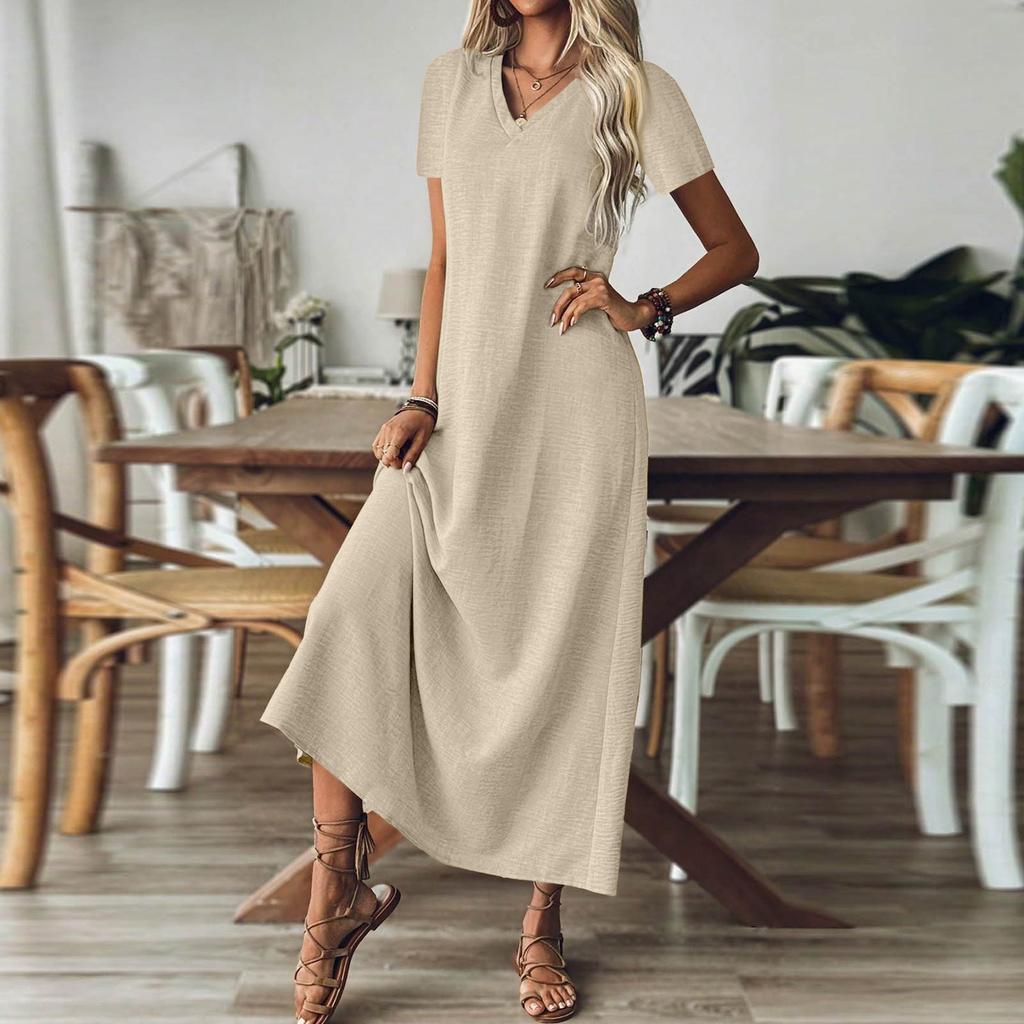 Damenmode V-Ausschnitt Kurzarm Farbe Reißverschluss Lässig Urlaub Langes Kleid Baumwolle Leinen Kleider