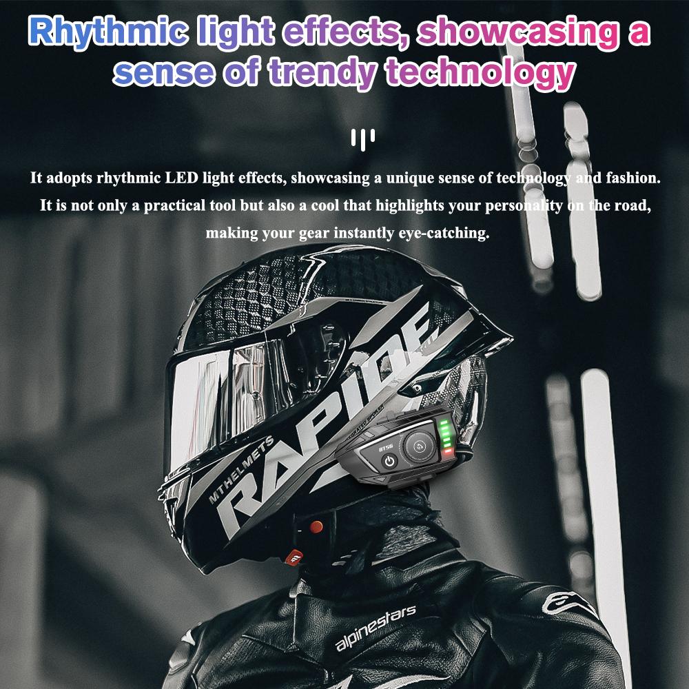 BT56 2-in-1 Mic Motorcycle Helmet Headset Bluetooth 5.4 Handsfree Wireless Noise Reduction Waterproof Earphone with Rhythm Light