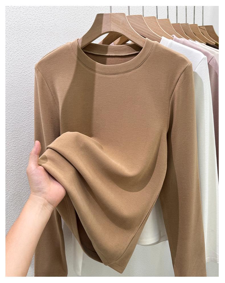 Women's Wool Silk Round Neck Base Layer Shirt - Autumn/Winter 2025 Collection, Velvet-Thickened for Warmth