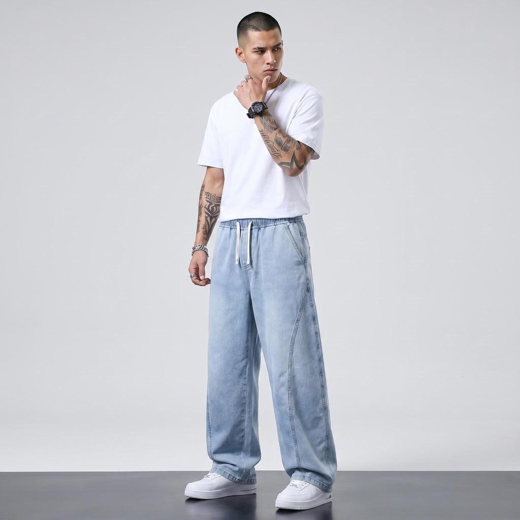 2026 Spring Summer New Men's Loose Straight Pants Wide Leg Long Trousers Streetwear Trendy Quick Drying Breathable Denim Jeans