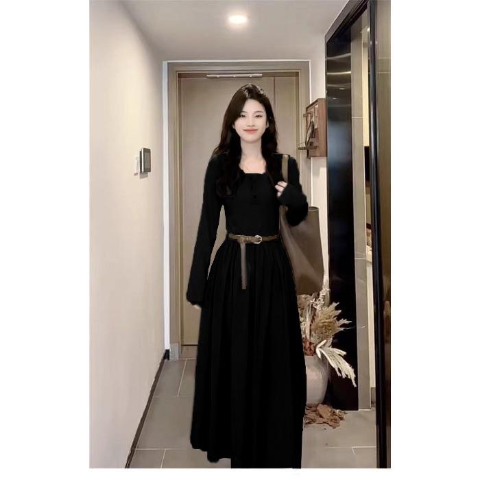 

Women s 2024 French Style Long-Sleeved Dress: Early to Late Autumn Temperament Korean-Inspired Long Skirt Medium чёрный