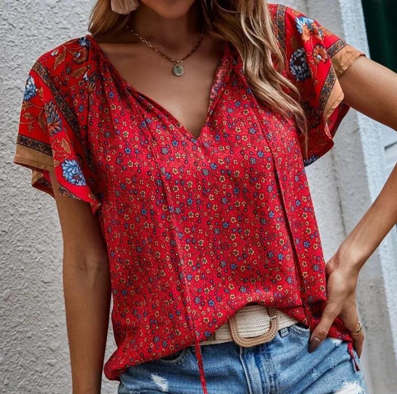 Summer Floral Print Blouses for Women V-Neck Short Sleeve Boho Beach Casual Tops Female Elegant Shirt Women's