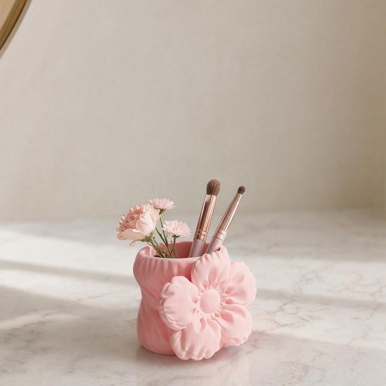 Yousheng 3D Printed Silk Flower Pen Holder, Cute Puff Flower Desk Organizer, Makeup Brush Storage, Vase Decorative Gift for