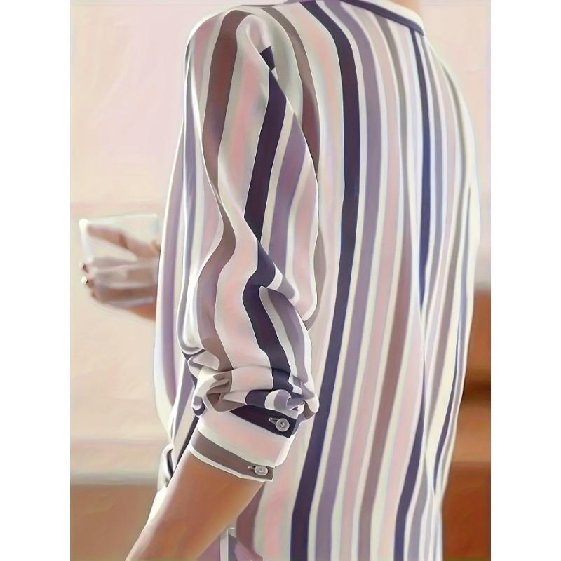 Spring New Women's Niche Retro Lapel Long-sleeved Contrasting Color Temperament Striped Shirt