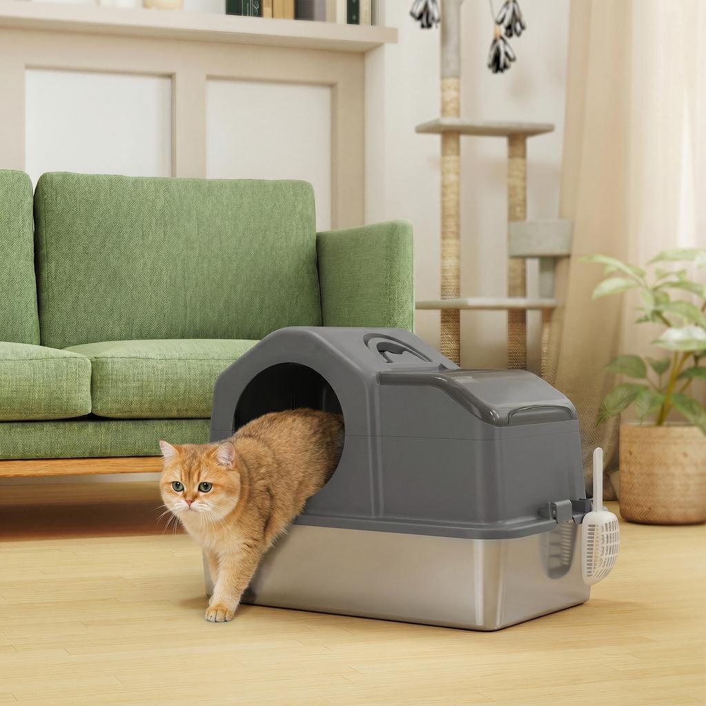 Cat Litter Box, Removable Enclosed Lid, High Sides, 60.5 x 40.5 x 45 cm, Dark Grey