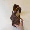 Sheepskin Version~ Retro Niche Design Strap Woven Shoes Soft Sole Hollow Bag Head Medium Heel Roman Women's Sandals