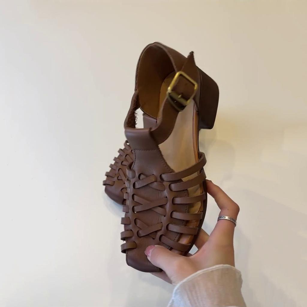 Sheepskin Version~ Retro Niche Design Strap Woven Shoes Soft Sole Hollow Bag Head Medium Heel Roman Women's Sandals