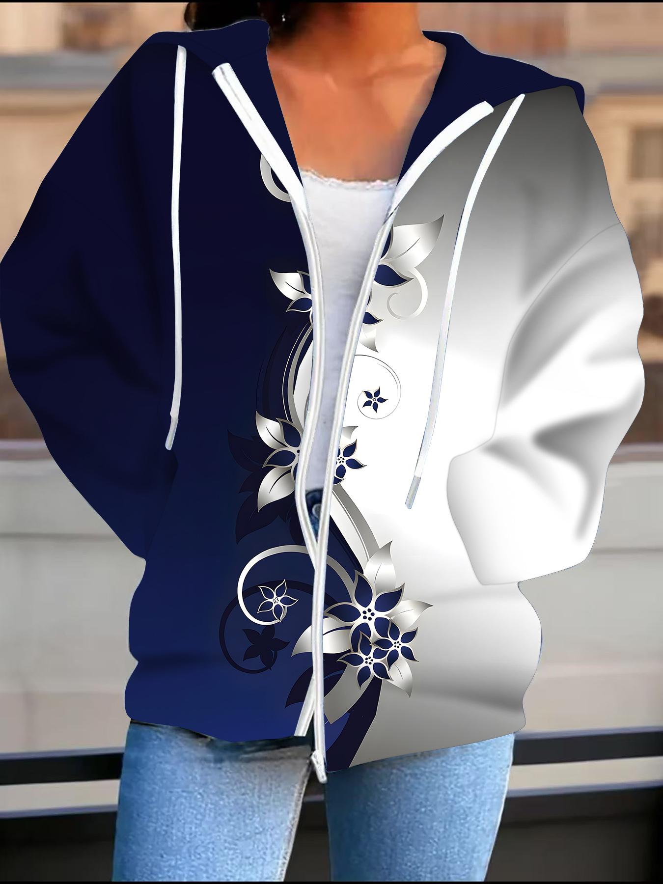 

Цветочный 3D-принт Кардиган с капюшоном Большого размера Осень Зима Ретро 1XL синий