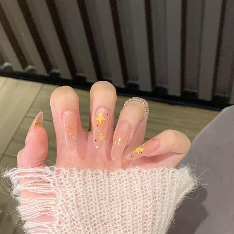 

Новогодние накладные ногти в горошек - Длинные заостренные со звездочками Handmade Nails XS Size - 10 pcs/bag