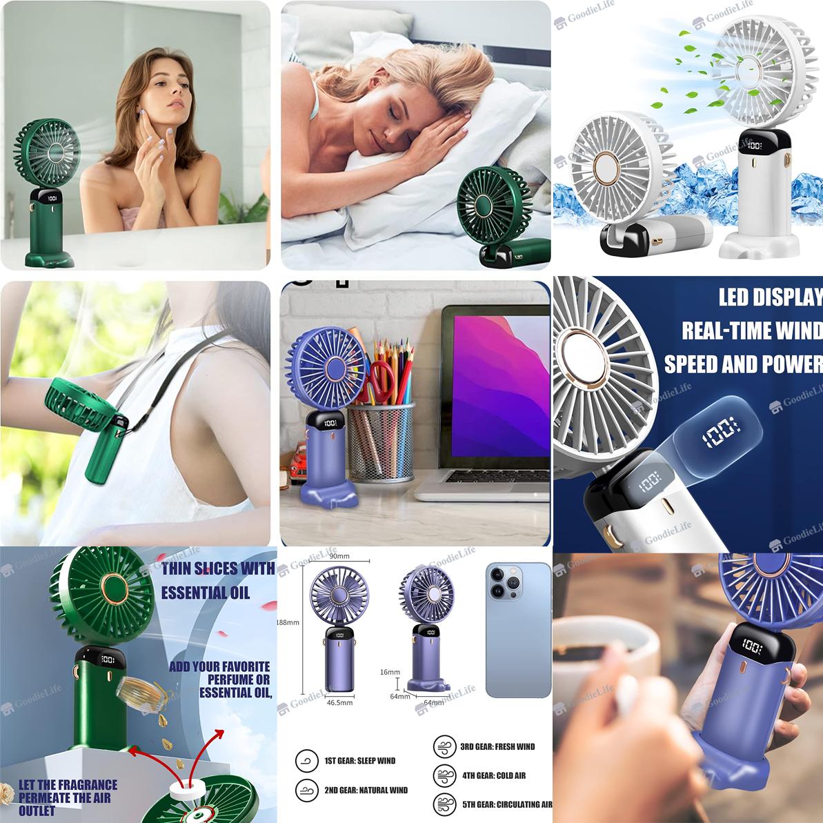 

2025 New USB Rechargeable Hand Fan with Digital Display for Camping Outdoor Desktop Student Dorm