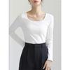 Women's Square Neck Long Sleeve T-Shirt Slim Fit Solid Cotton Casual Basic Undershirt Autumn Commuter Top