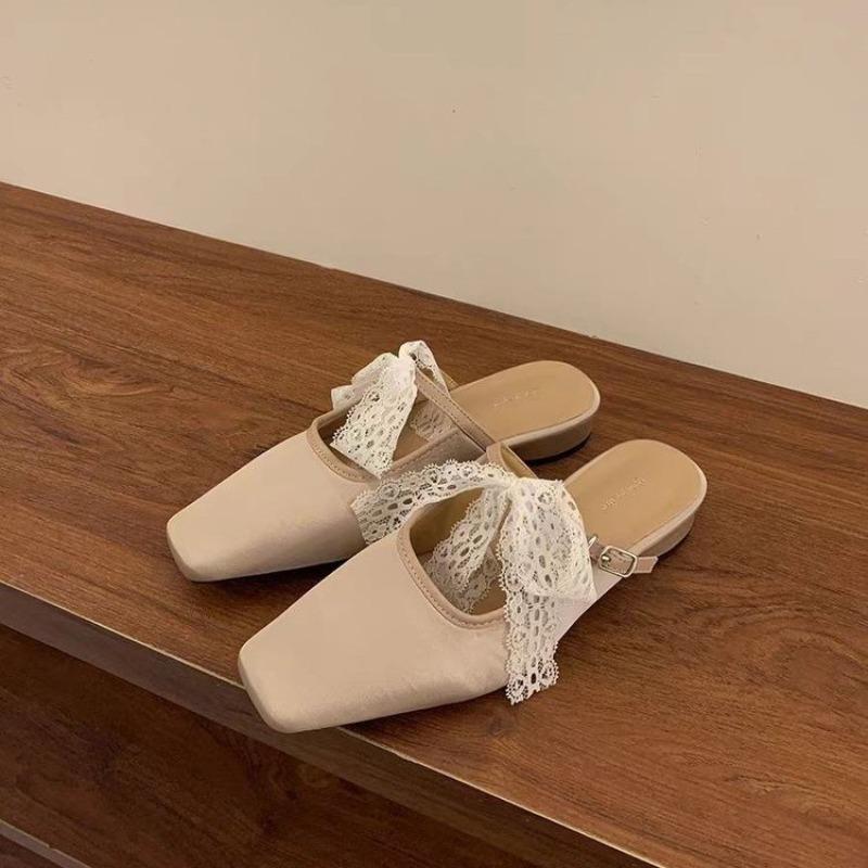 Fashion Bow Women Heeled Slippers Lace Square Toe Mules Shoes Sandals Designer 2025 Fad Elegant Flip Flops Summer Dress Sandalias Mujer