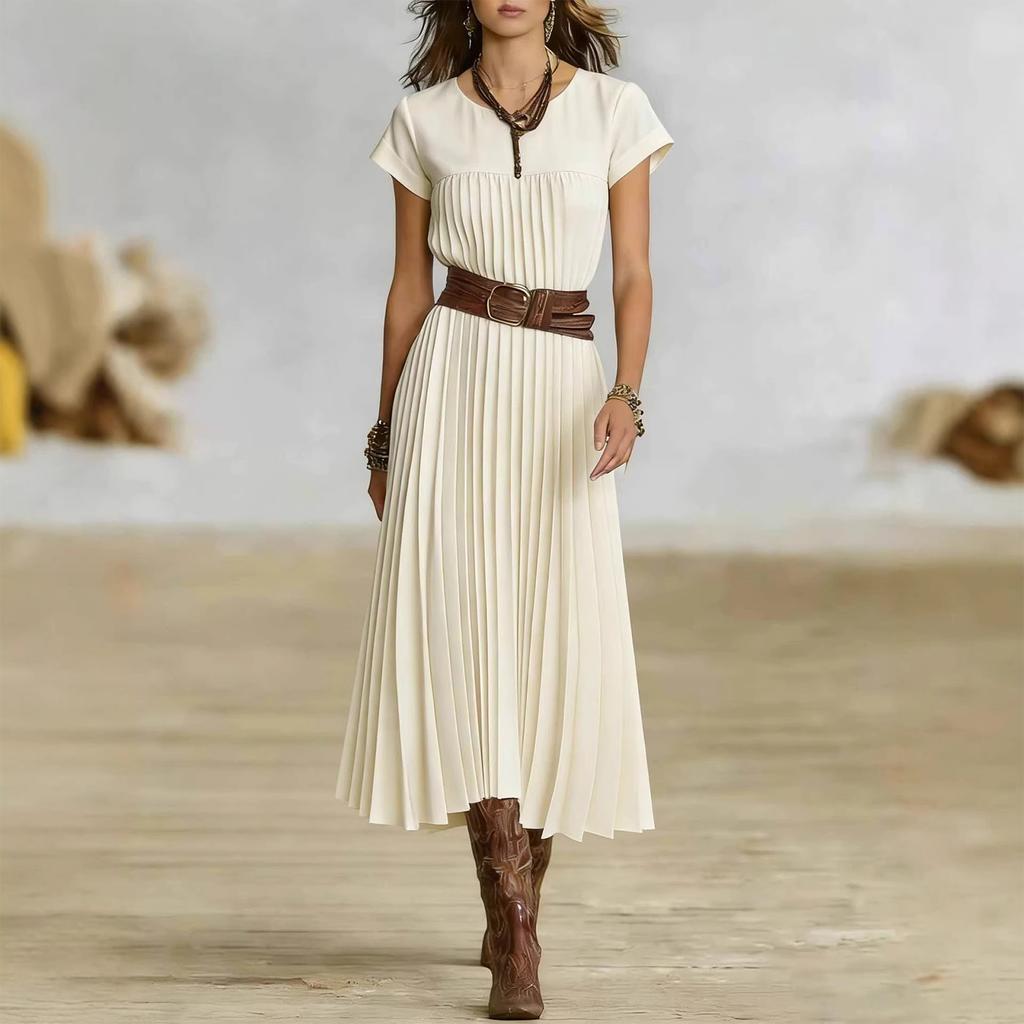 Women's Fashionable Color Round Neck Short Sleeved Pocket Pleated Loose Dress