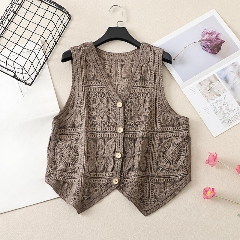 

DIMANAF 2025 Новая футболка большого размера на весну для женщин, вязаный жилет без рукавов с V-образным вырезом, ажурный стиль, базовые топы, футболки, свободная одежда One Size коричневый