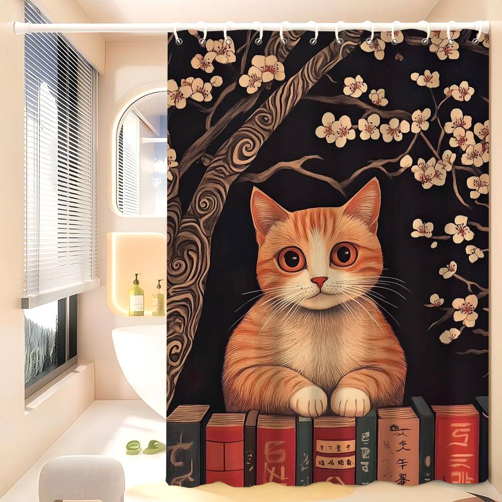 Japanese Black Cat Bathing Moon Lucky Cat Funny And Creative Beach Shower Curtain Waterproof Polyester Bath Curtains Bathroom