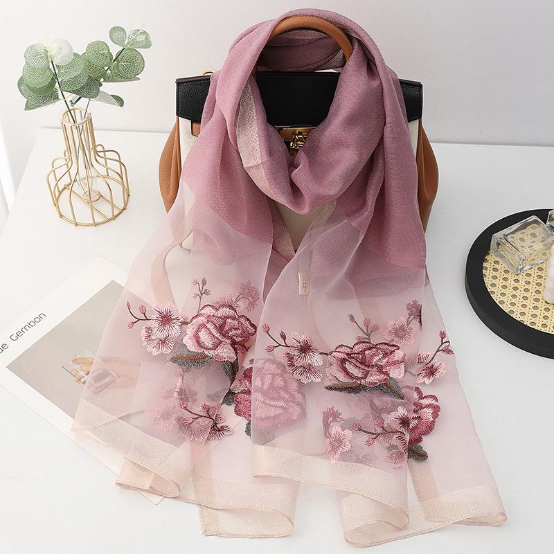 Four Season Silk Wool Scarf Women Hijab Pashmina Shawls Wrap Bandana Blanket Floral Pashmina Embroidery Scarves Foulard Femme