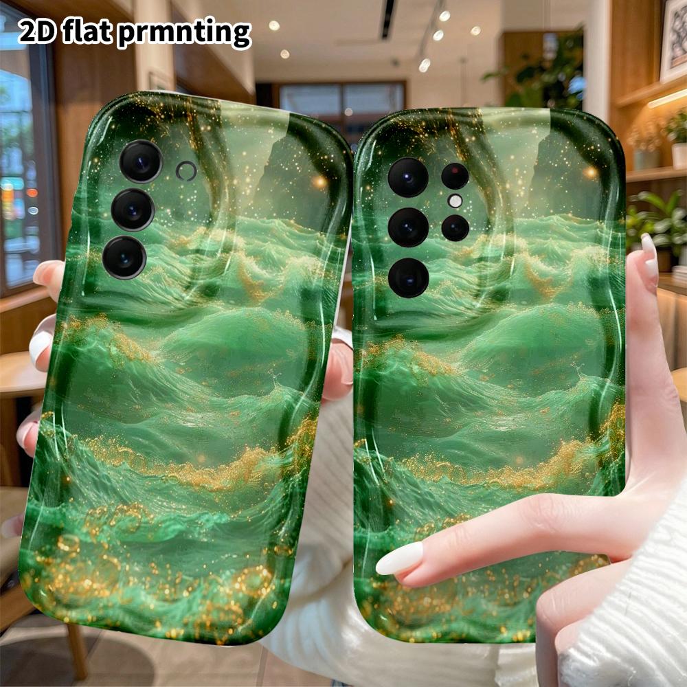 Phone Case: 2D Flat Samsung Galaxy A34 A35 S20 S22 S21 FE Plus Ultra Protective Case, Gilded Jade Waves, Christmas and Halloween Gift