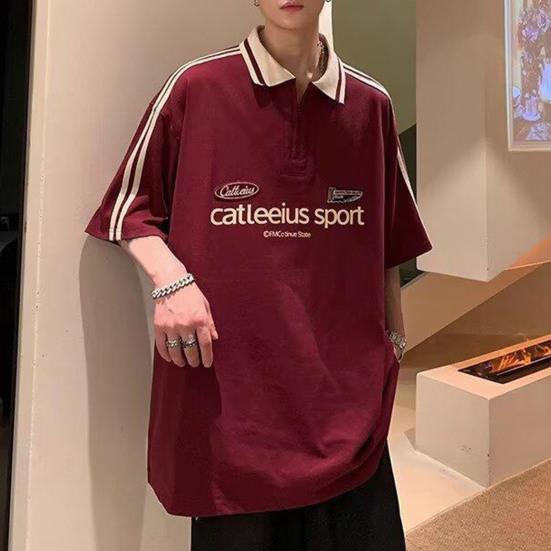 Unisex T-shirt Men Women Striped Letter Decoration Lapel Short Sleeve T-Shirt Casual Loose