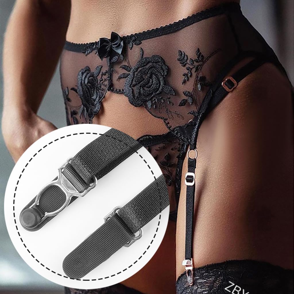 Spitzen-Strumpfhalter-Set mit Tanga für Damen Hosenträger-Dessous mit 4 Metallklammern Haltergurte für Strümpfe + Tanga