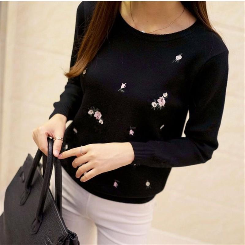 Зимние свитера женские вышивка женский пуловер женский осенний эластичный трикотажный джемпер шерстяные топы L чёрный 1198₽