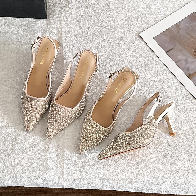 B813-ES83 Temperament 2025 spring and summer sequined bag head empty sandals fairy pointed thin heel high heel single shoes