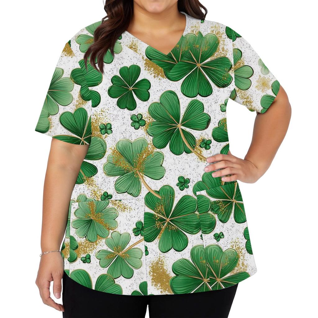 Women's Fashion V-neck Short Sleeve Workwear With Pockets Printed Tops