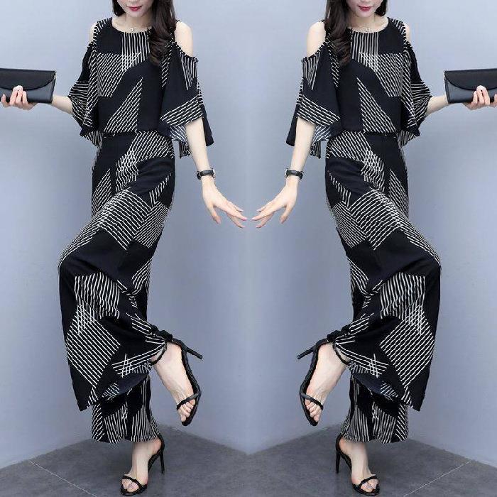 Fashion Suit Women's Summer Korean Style Loose Slim Off-Shoulder Top Wide-Leg Pants Two-piece Set