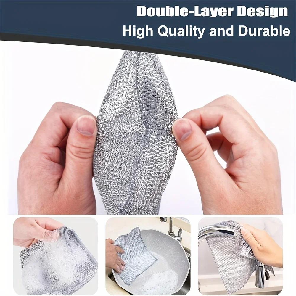 Double Layer Steel Wire Cleaning Cloth Scratch Free Microfiber Mesh Dish Towel Multipurpose Washing Kitchen Pots Pans Cleaner