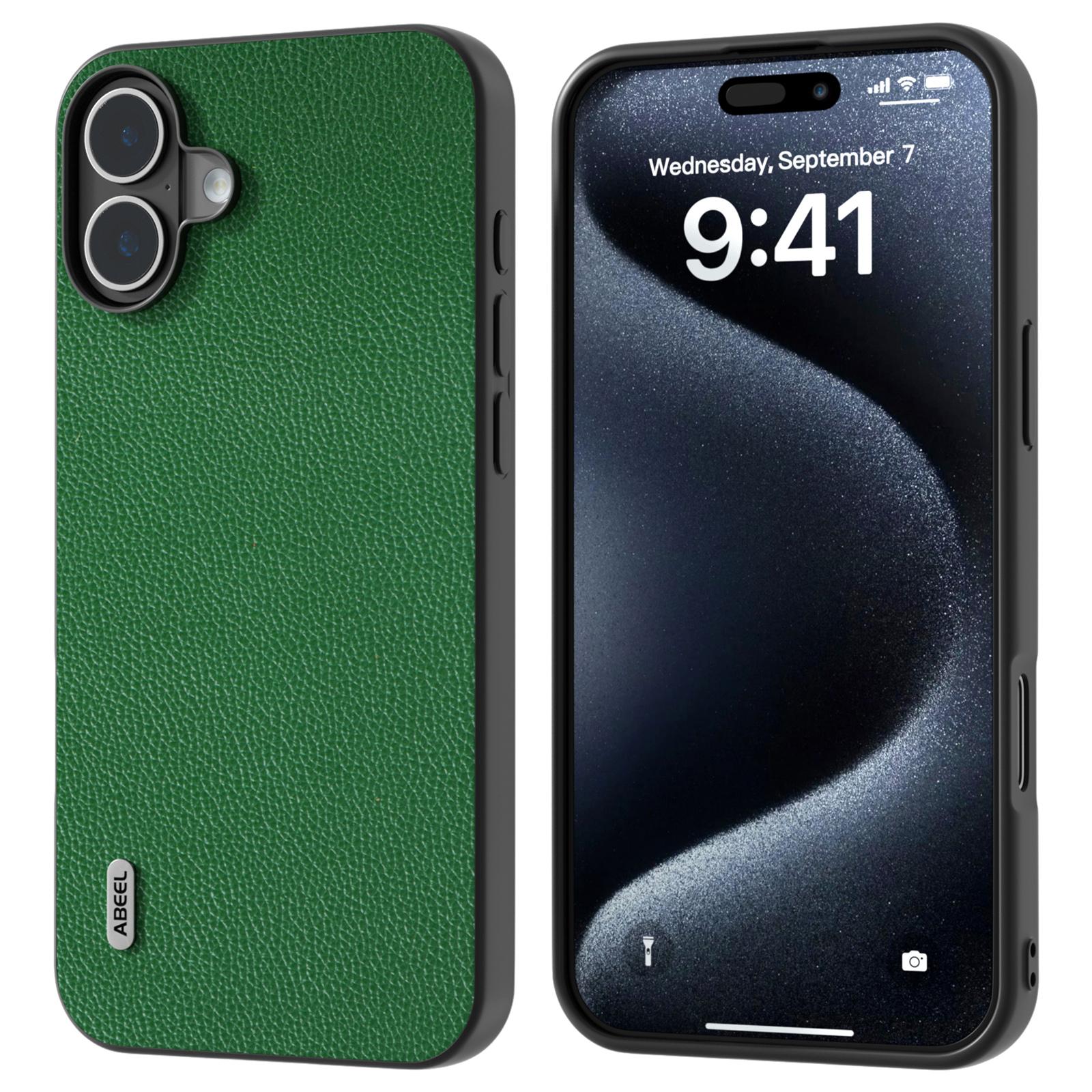 

For iPhone 16 Plus Case Litchi Texture Genuine Cow Leather+PC+TPU Phone Cover Green