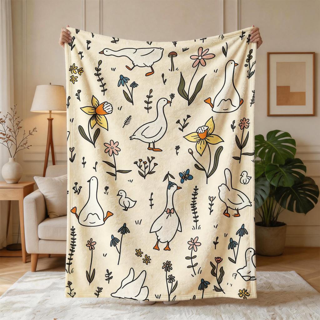 1pc Spring Floral White Goose Easy Sketch Theme Flannel Blanket - Large Size, Soft, Lightweight, And Warm, Suitable for All Seasons - Perfect for Bed,