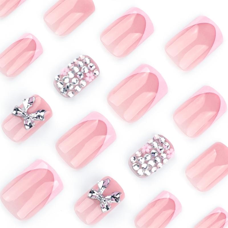 24 Stück Kurze Press-on-Nägel Künstliche Nägel Mit 3D-Schleifen-Charms Designs Acryl Französische Aufklebe-Nägel Maniküre Nagelkunst
