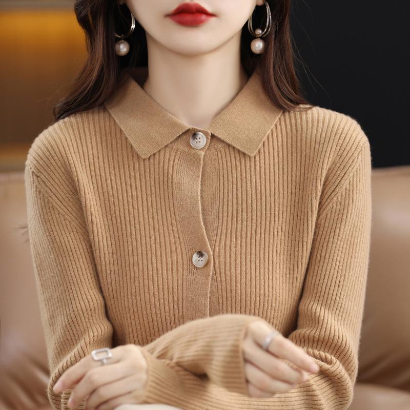 Women's Ribbed Cashmere Cardigan & Knitwear Set - Slimming Lapel Design for Autumn/Winter