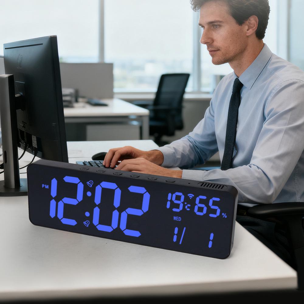 RGB Bluetooth Smart Wall Clock with Automatic Time Sync, Alarm, Temperature & Humidity Display, Perpetual Calendar, and Remote Control.