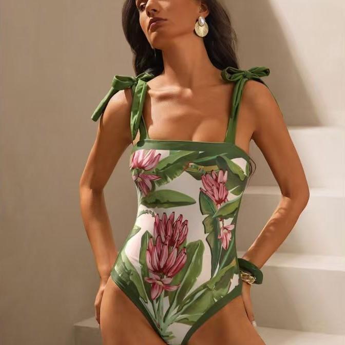 2026 Bikini Belly Cover Two-piece Set European and American One-piece Swimsuit Multi-color Printed Swimsuit Set S
