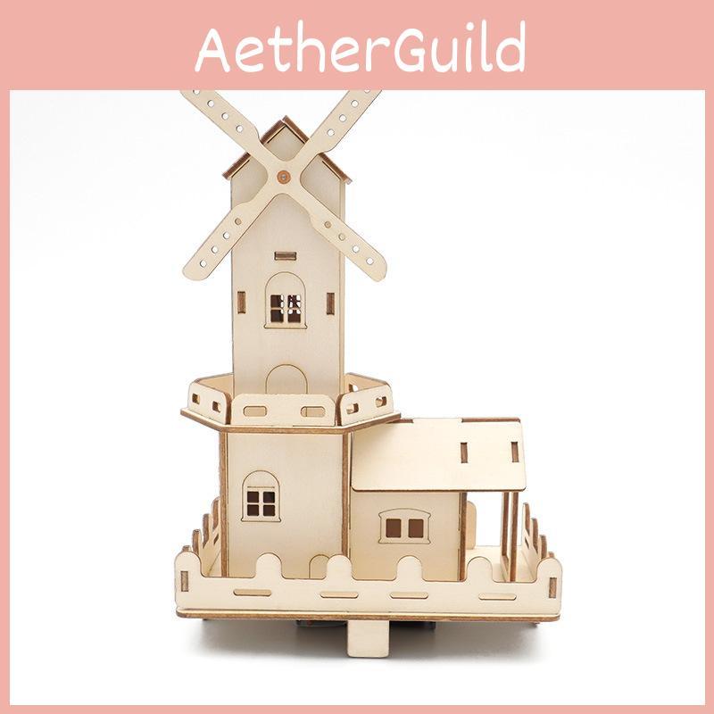 Children's Wooden Diy Dutch Windmill Science Toy Electric Light House Educational Model