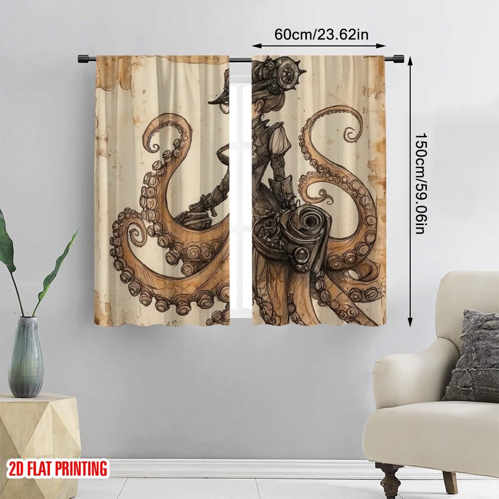 2pcs,2D Plane Printing Curtains Roller Blinds Steampunk Octopus Polyester Woven (without Rod) Art Deco Festive Use for Bedroom &