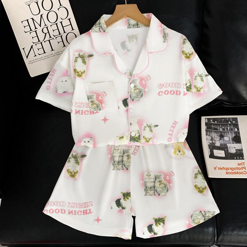 Ice Silk Pajamas Women'S Summer Short-Sleeved Cardigan Three-Piece Set Children'S Fun Cat Cartoon Loungewear