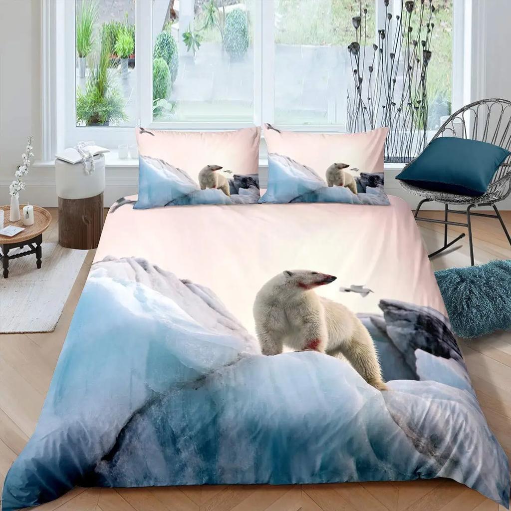 Polar Bear Duvet Cover 3D Lovely White Arctic Animals Kids Teens Women Wildlife Arctic Scenery Theme Quilt Cover Room Decoration