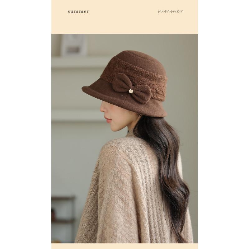 Women S Vintage Bowknot Bucket Hat Warm Fall Winter Elegant Face Slimming Hat
