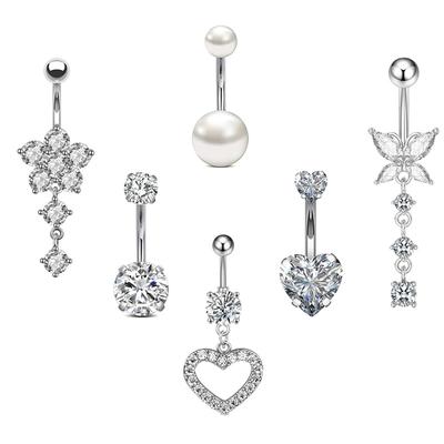 Women's 6pcs Set 14G 316L Surgical Steel CZ Belly Button Ring Dangle Navel Barbell Piercing Stainless Steel for Wedding Wedding