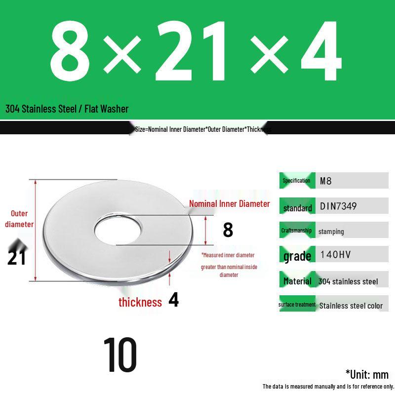 304 Stainless Steel Thickened Flat Washer Set, Sizes 2-36