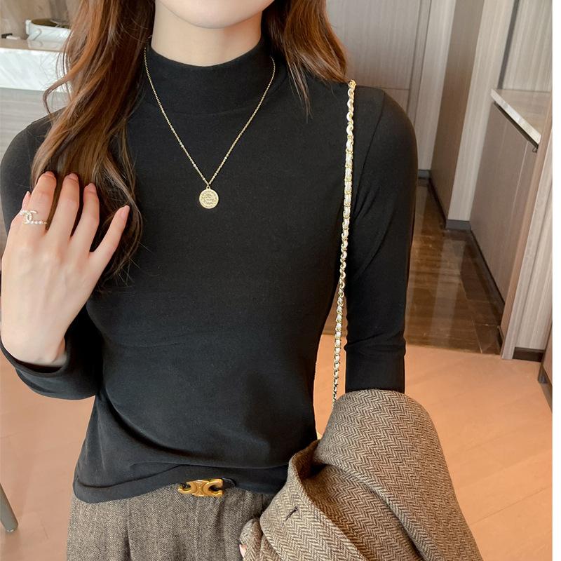 

Women s Fleece Half-High Neck Base Layer Top for Autumn and Winter Medium Neck Long Sleeve Regular Shoulder T-Shirt Can Be Worn As Inner or Outer Wear S