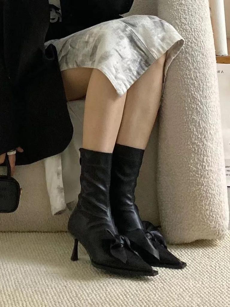 fashion Big Cute Bow Women Ankle Boots Black White Women SHort Sock Botas Thin High Heels Back Zipper Winter Autumn Chelsea Boots 35-39