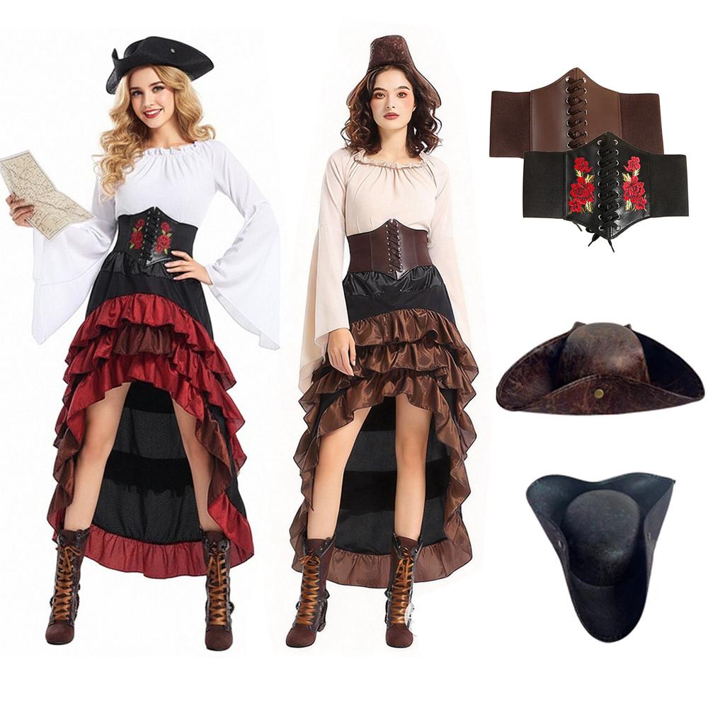 Cadılar Bayramı Korsan Cosplay Kostüm Seti Ortaçağ Vintage Avrupa Kenarlı Üçgen Şapka Bağcıklı Korsaj Üst Midi Etek Denizci Takımı